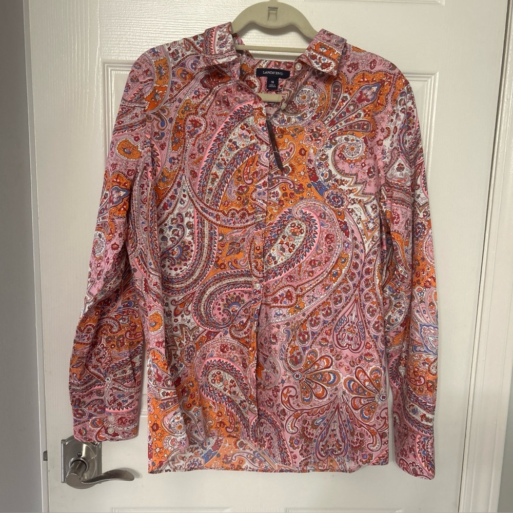Lands' End Pink, Orange and Blue Paisley Button-Down Shirt